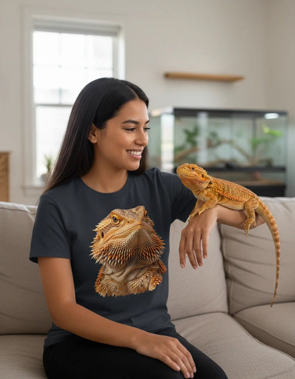 Woman wearing the Bearded Dragon Portrait T-shirt with her pet bearded dragon on her arm