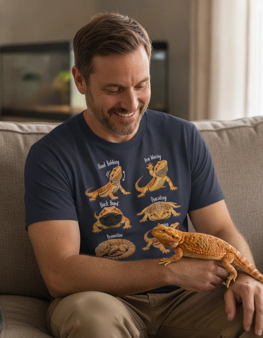 Man holding a bearded dragon, wearing a shirt showing head bobbing, arm waving and black beard