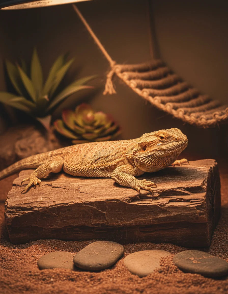 Bearded dragon basking on a rock under a heat lamp