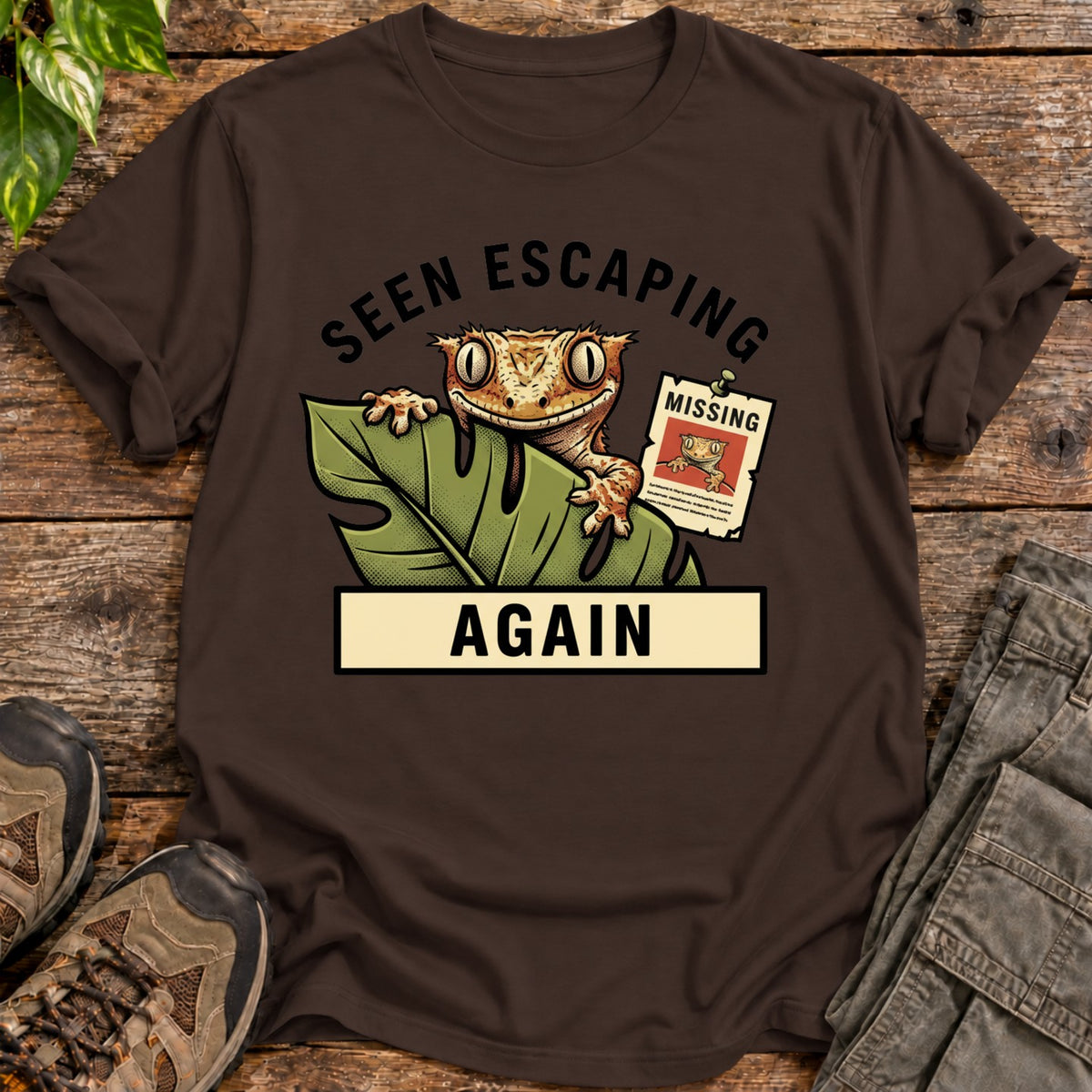 Escaping Crested Gecko T-Shirt - Dark Chocolate
