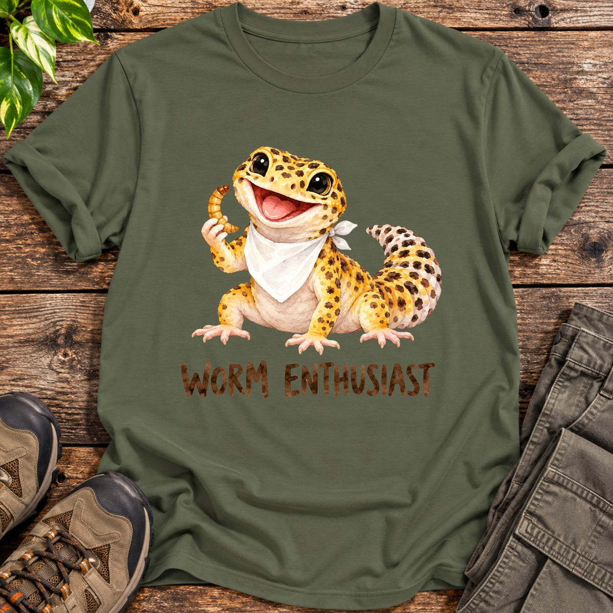 Watercolour Leopard Gecko Shirt - Military Green