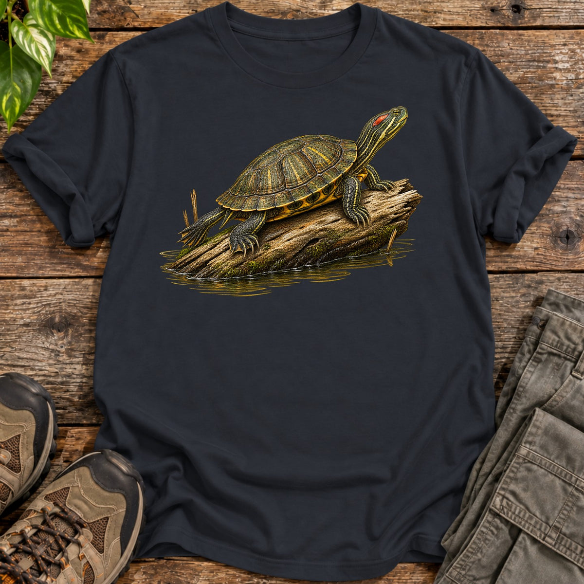 Realism Red Eared Slider Turtle T-Shirt - Black