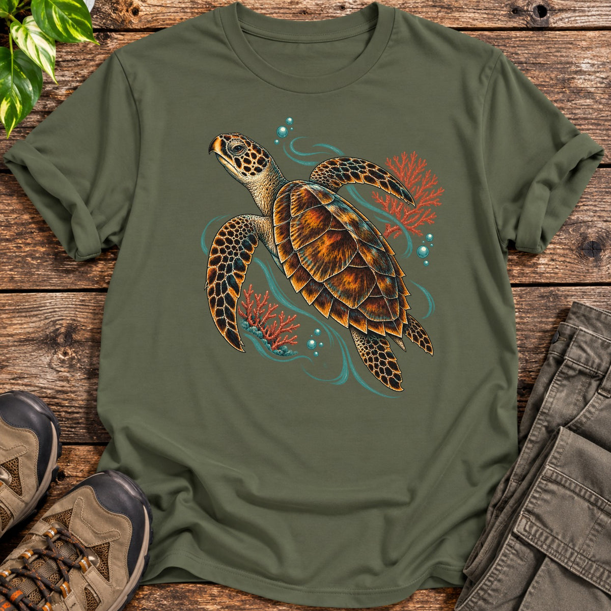 Ocean Coral Reef Sea Turtle T-Shirt - Military Green