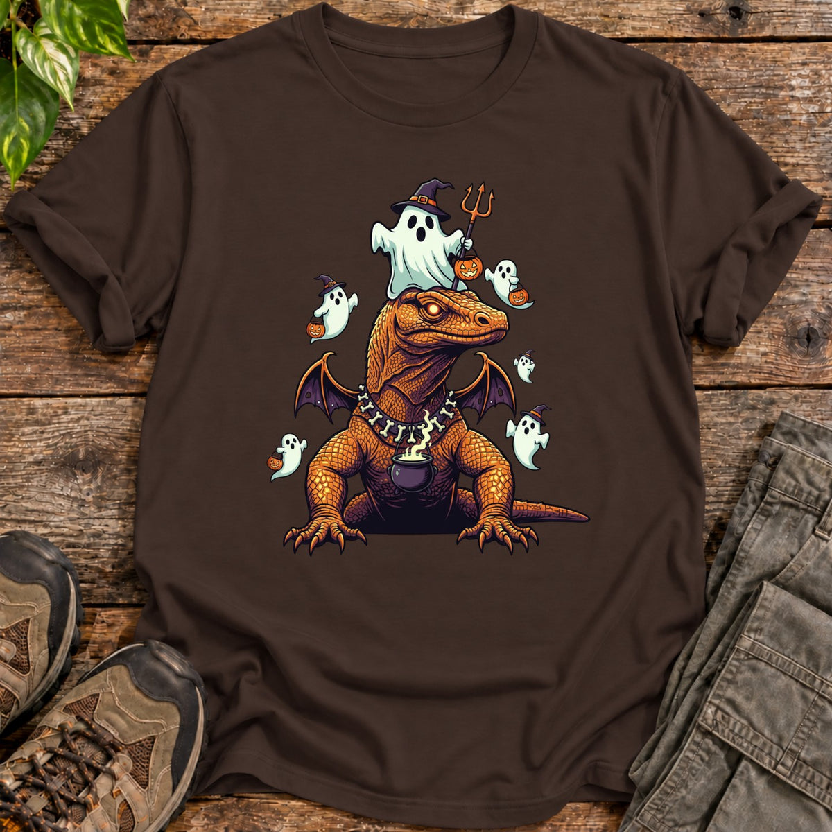 Halloween Komodo Dragon Ghost Parade T-Shirt - Dark Chocolate