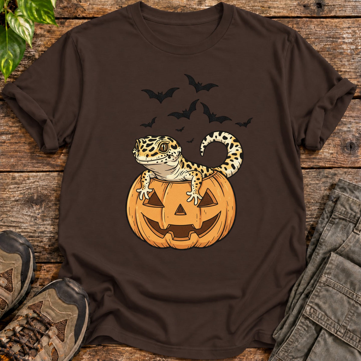 Halloween Leopard Gecko Pumpkin T-Shirt - Dark Chocolate