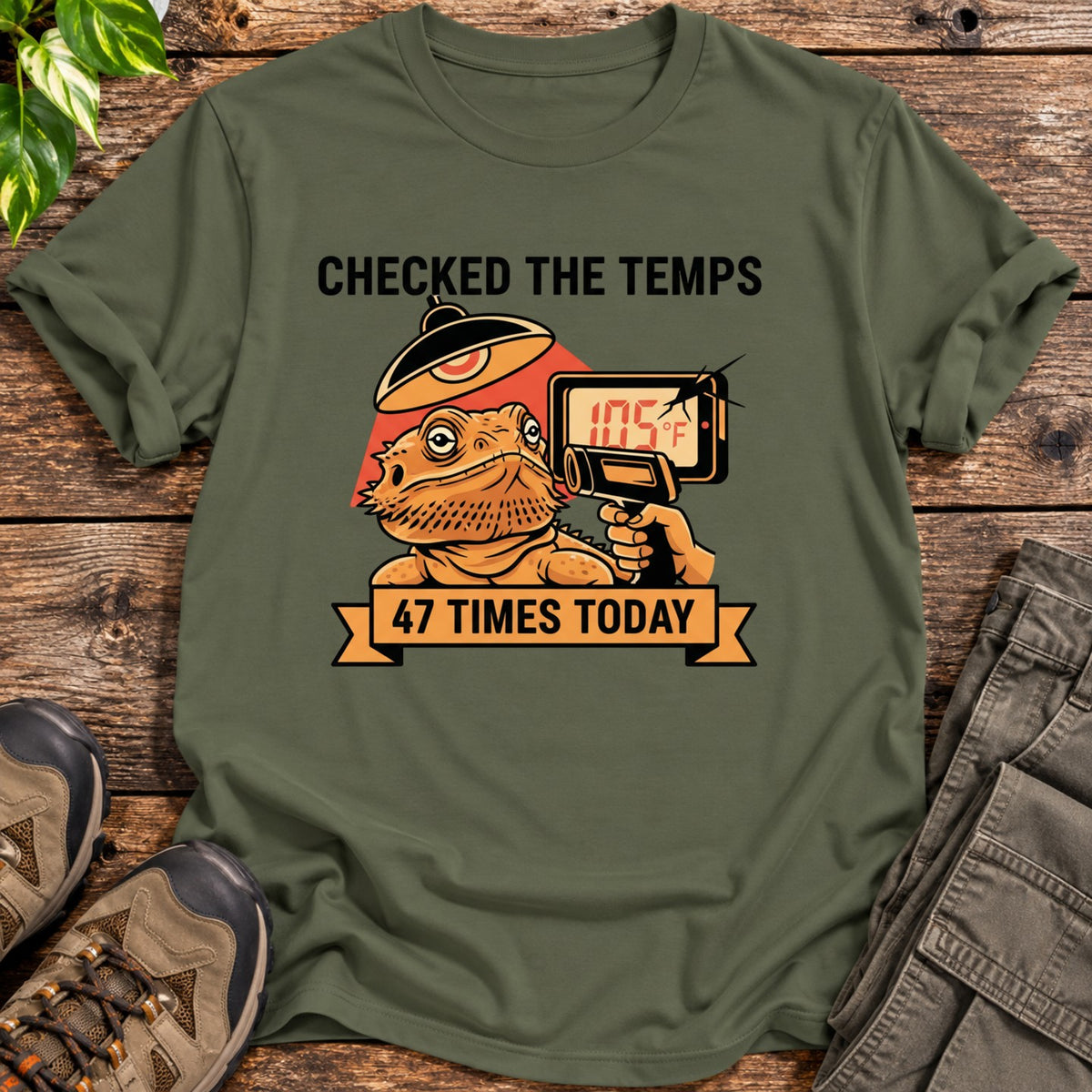 Bearded Dragon Temperature Check T-Shirt - Military Green