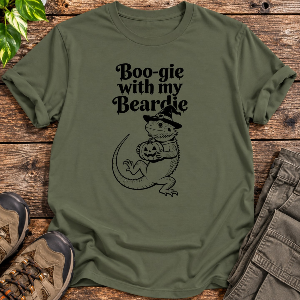 Boo Gie Halloween Bearded Dragon T-Shirt - Military Green