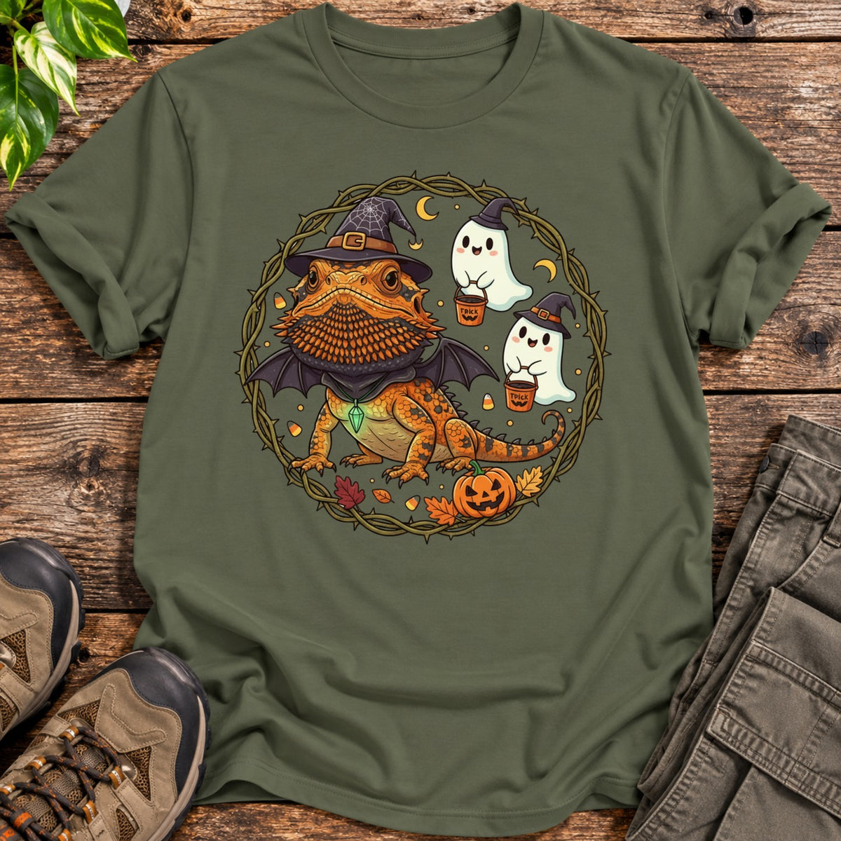 Bearded Dragon Witch Halloween T-Shirt - Military Green