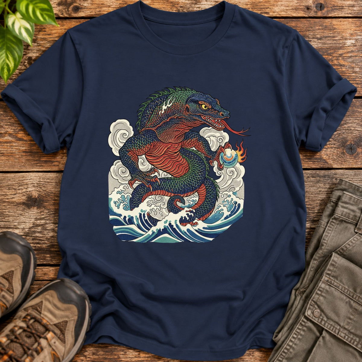 Traditional Art Komodo Dragon Shirt - Navy