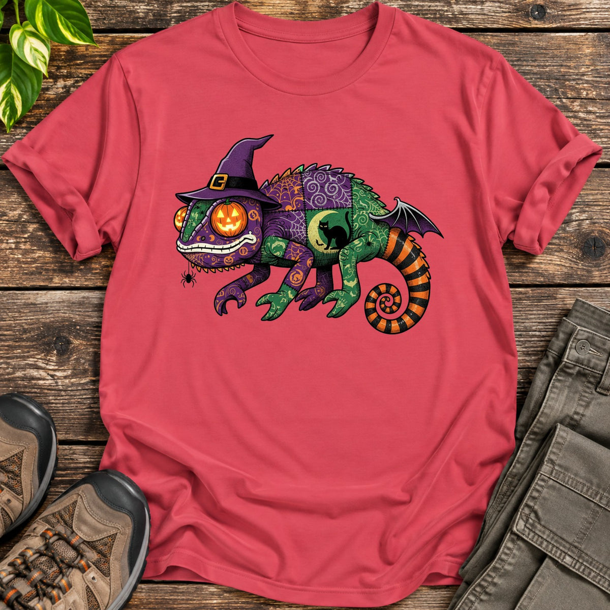 Patchwork Halloween Chameleon T-Shirt - Heather Red