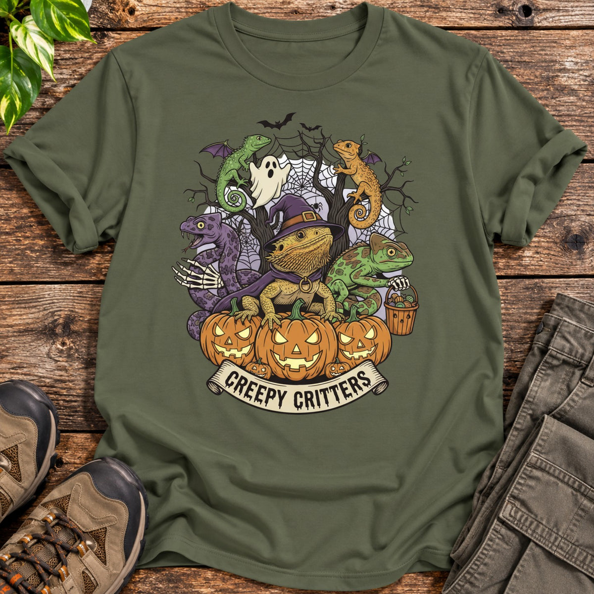 Creepy Critters Reptile Halloween T-Shirt - Military Green