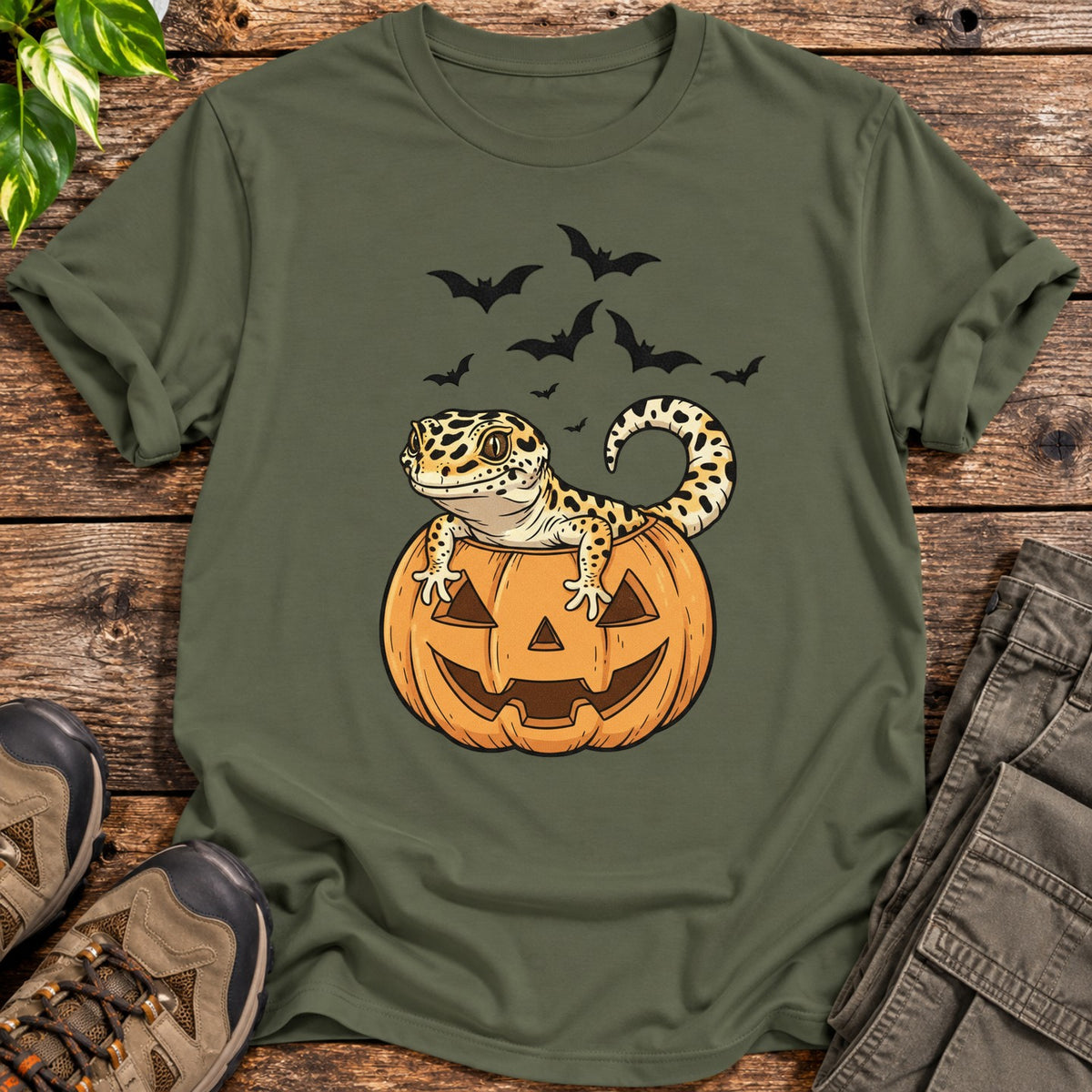 Halloween Leopard Gecko Pumpkin T-Shirt - Military Green
