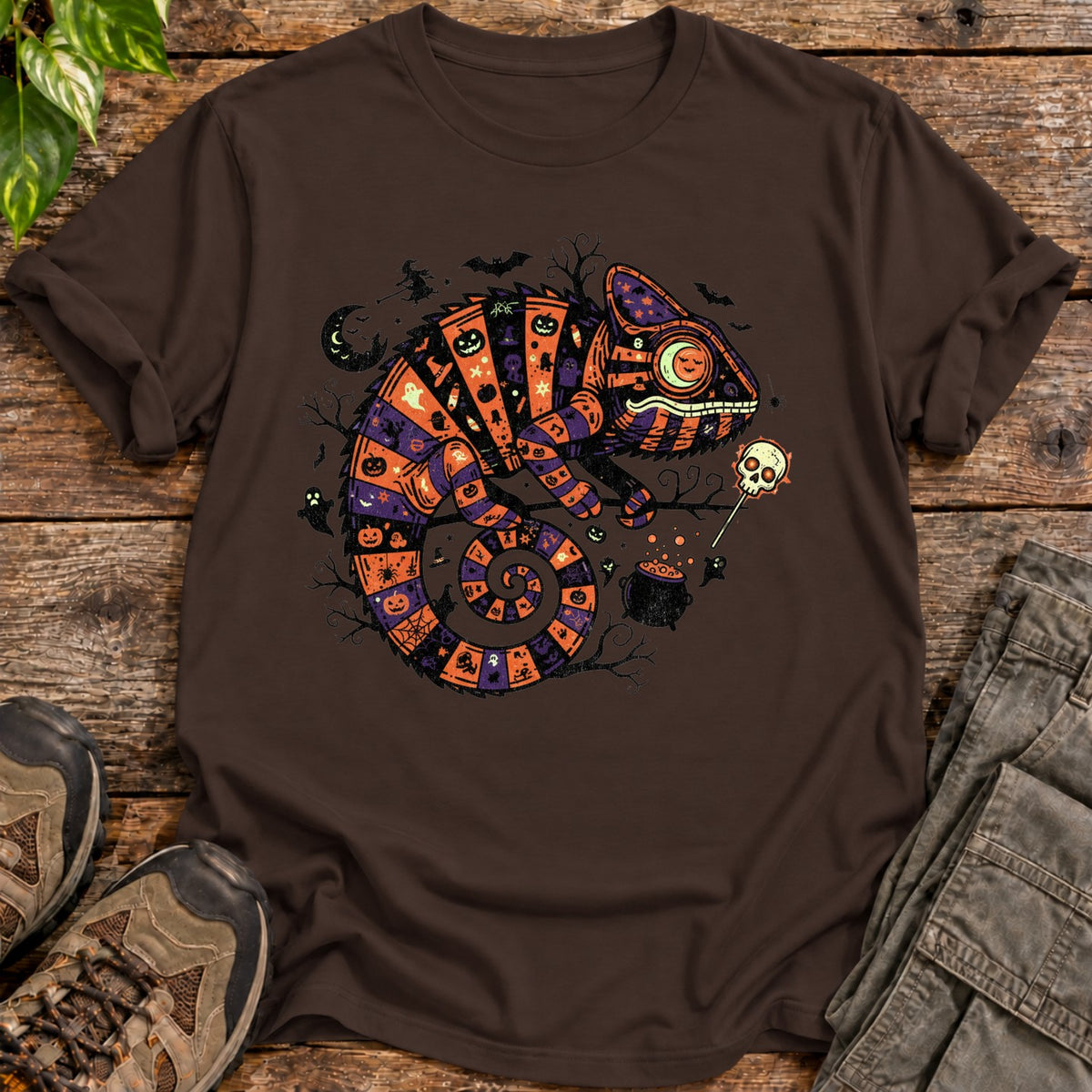 Halloween Chameleon Patchwork T-Shirt - Dark Chocolate