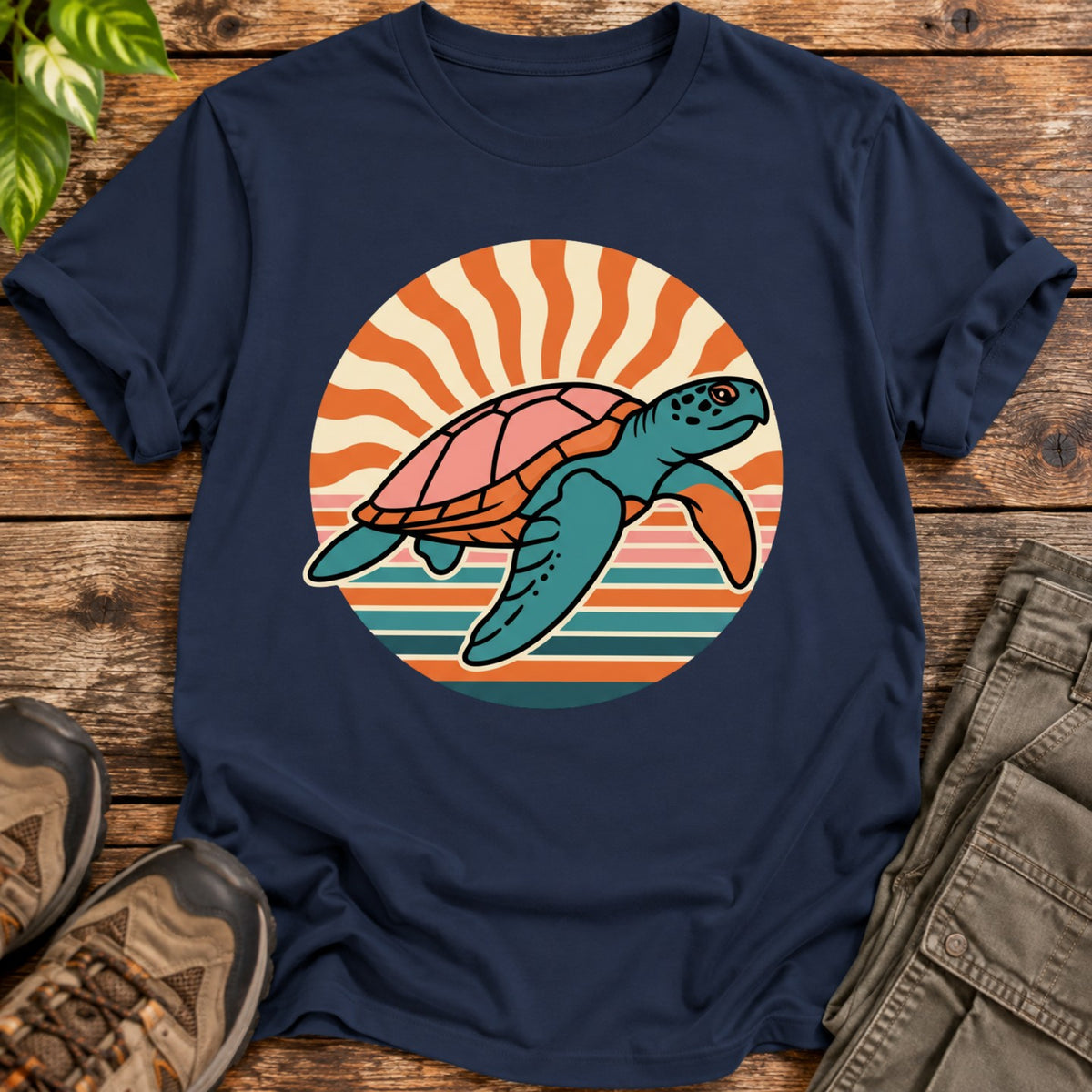 Vintage Retro Sunset Turtle T-Shirt - Navy