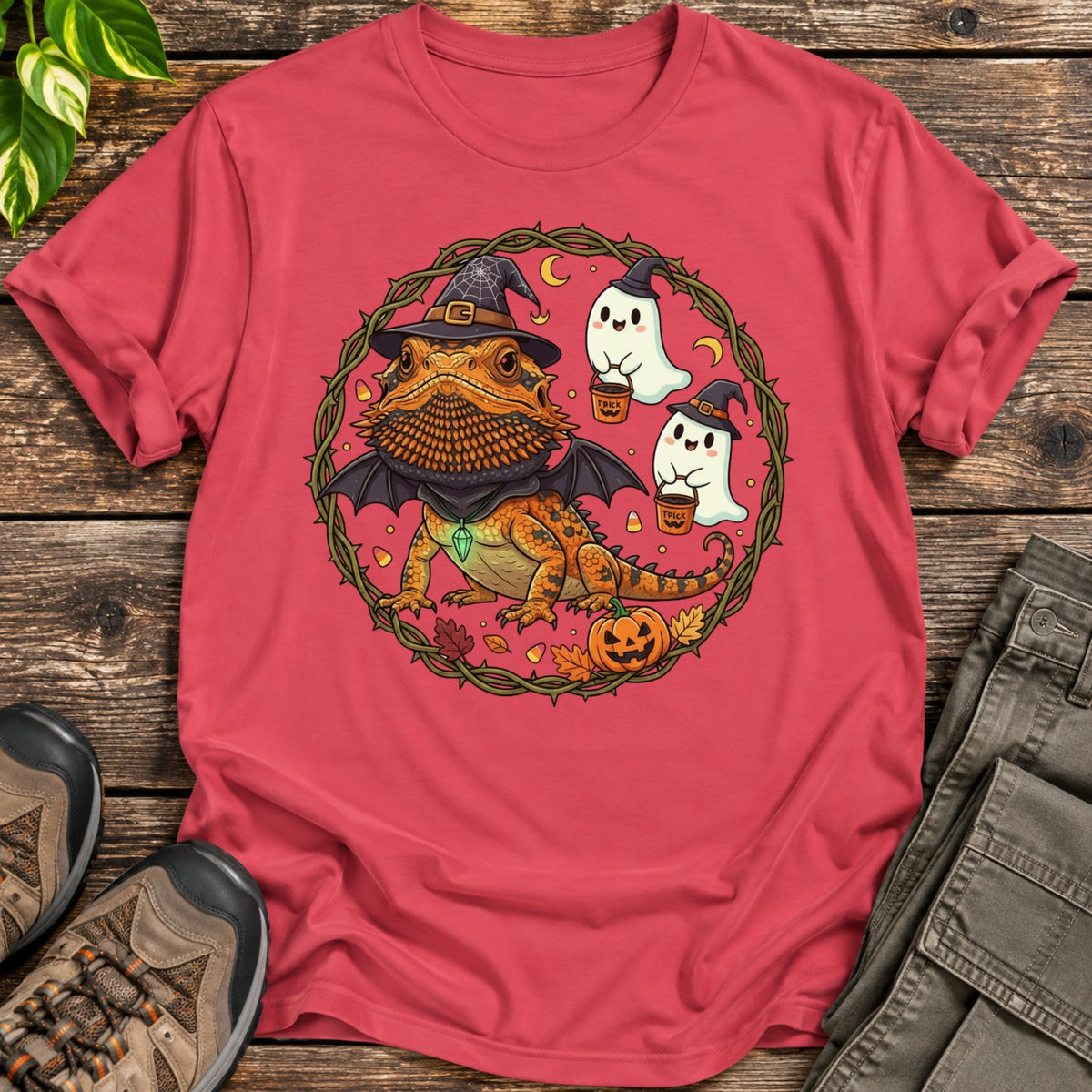 Bearded Dragon Witch Halloween T-Shirt - Heather Red