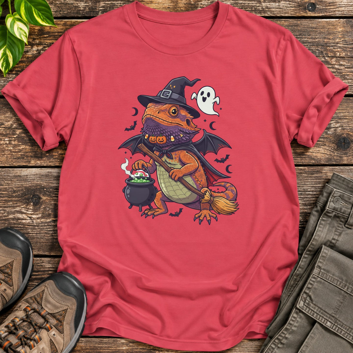 Spooky Witch Bearded Dragon Halloween T-Shirt - Heather Red