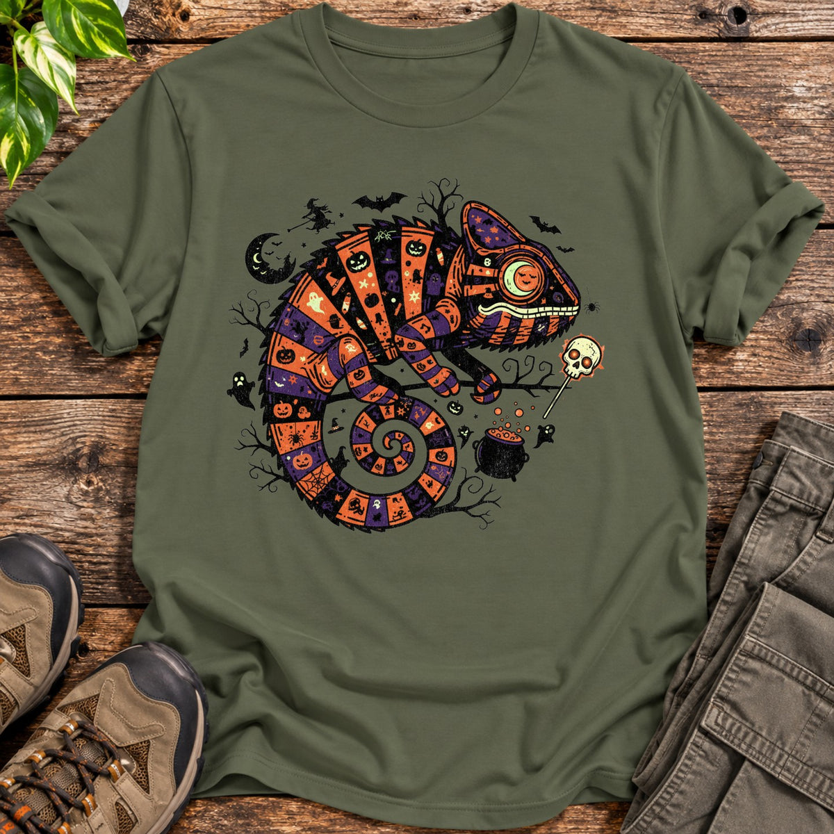 Halloween Chameleon Patchwork T-Shirt - Military Green