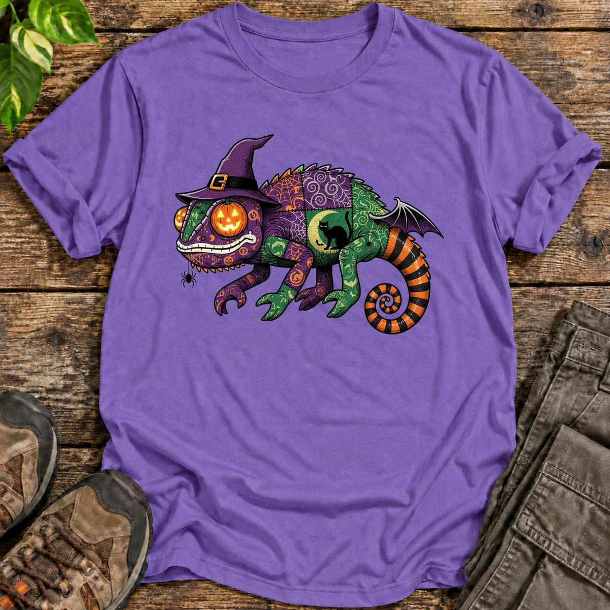 Patchwork Halloween Chameleon T-Shirt - Heather Purple