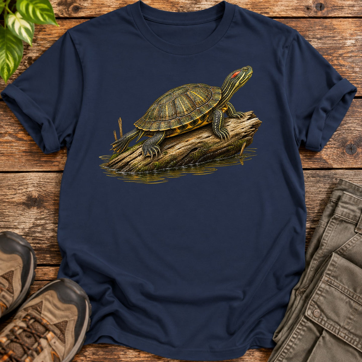 Realism Red Eared Slider Turtle T-Shirt - Navy Blue