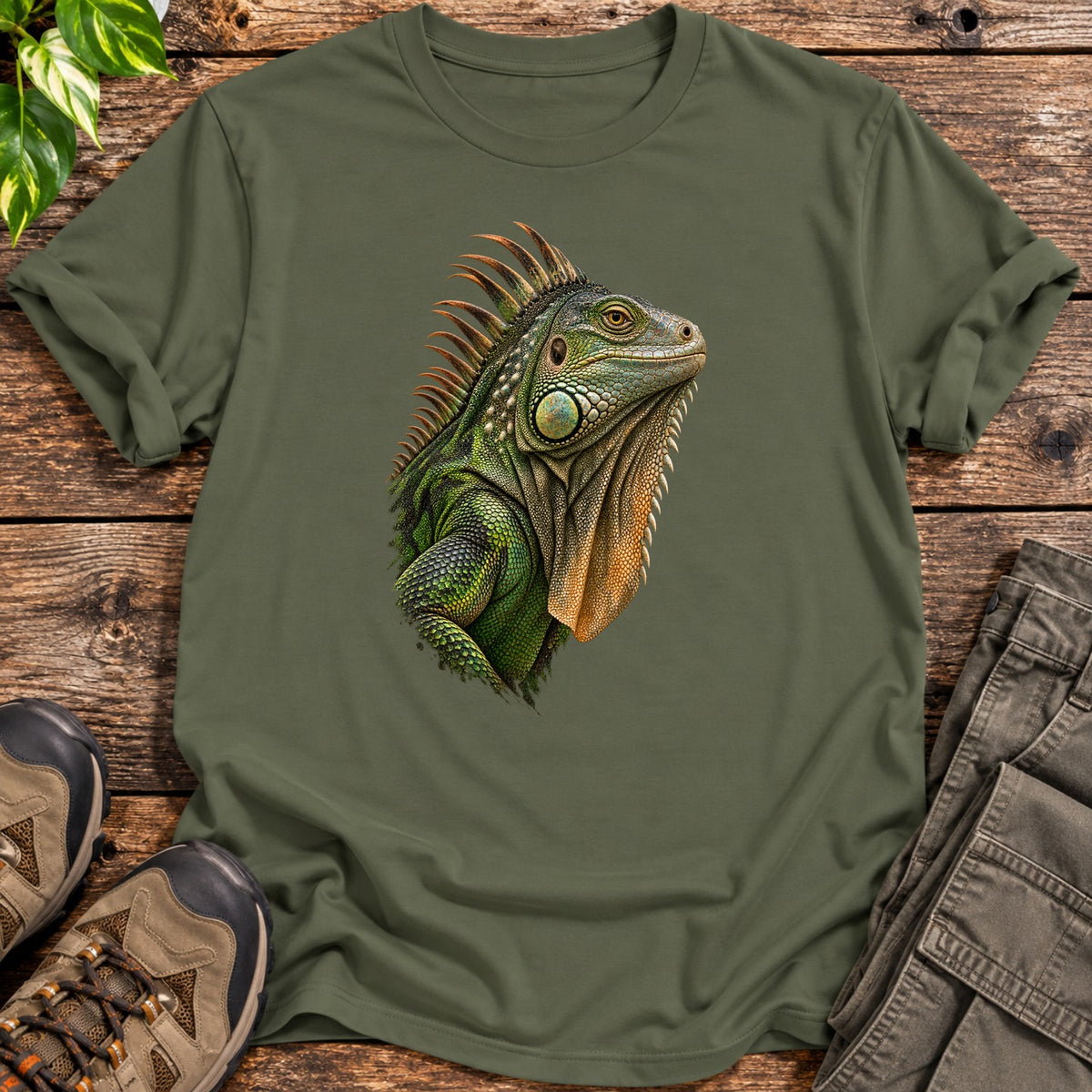 Green Iguana Portrait T-Shirt - Military Green