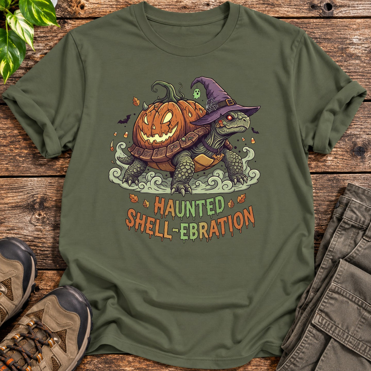 Haunted Shell Ebration Halloween Tortoise T-Shirt - Military Green