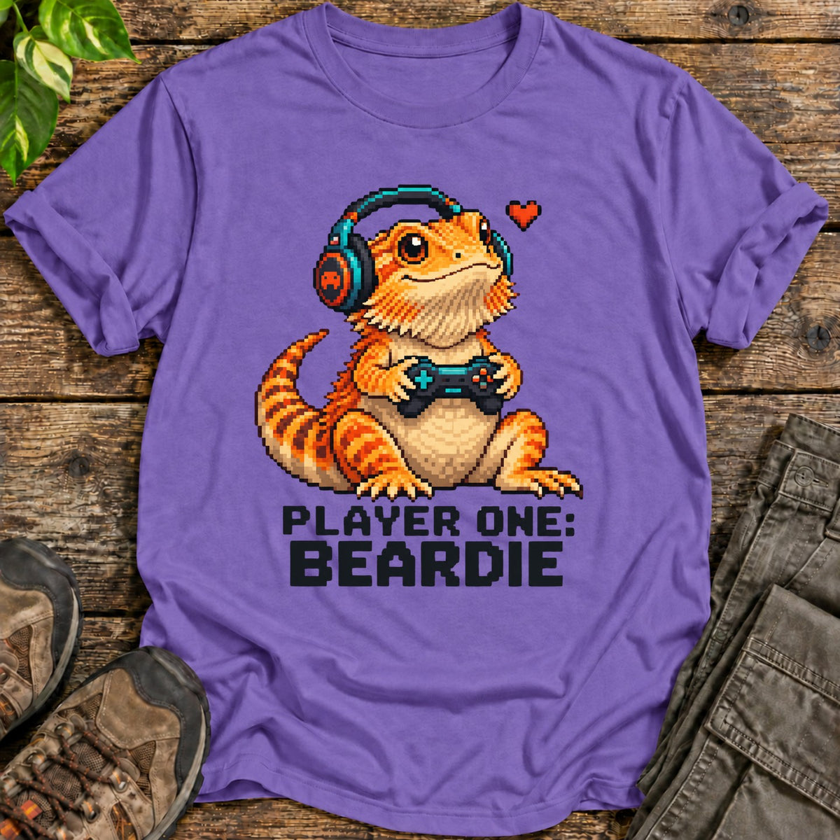 Pixel Bearded Dragon Gamer Shirt - Heather Purple