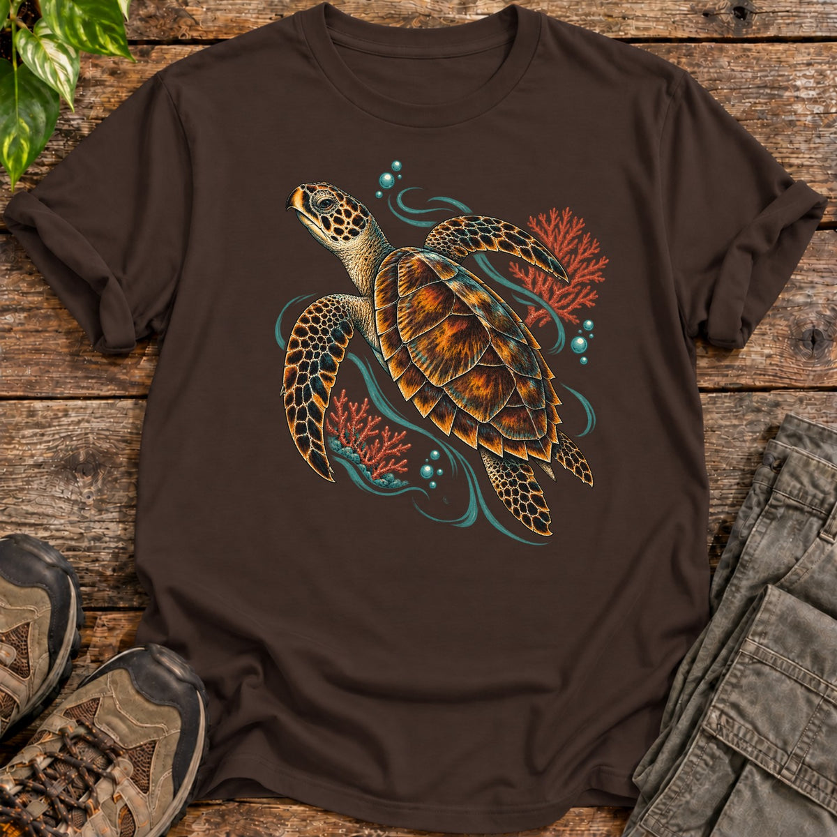 Ocean Coral Reef Sea Turtle T-Shirt - Dark Chocolate