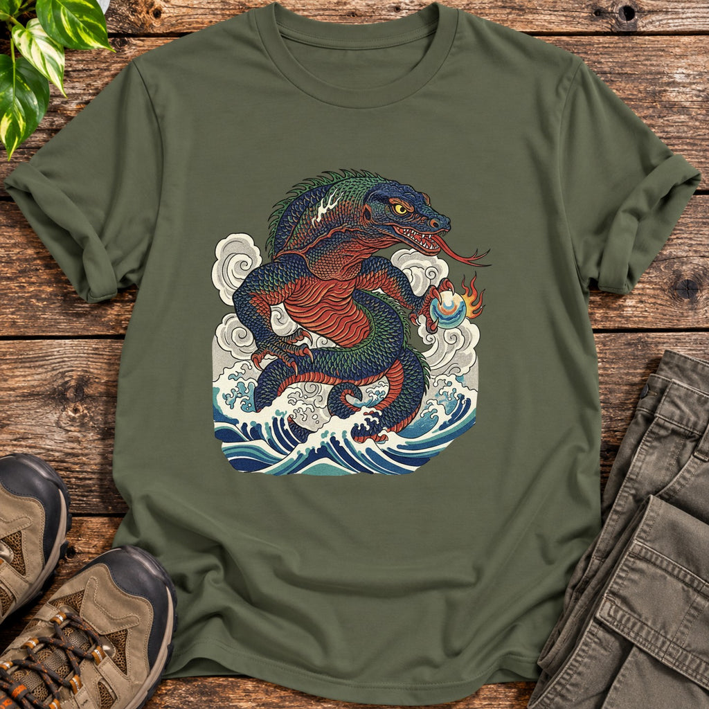 Traditional Art Komodo Dragon Shirt - Military Green