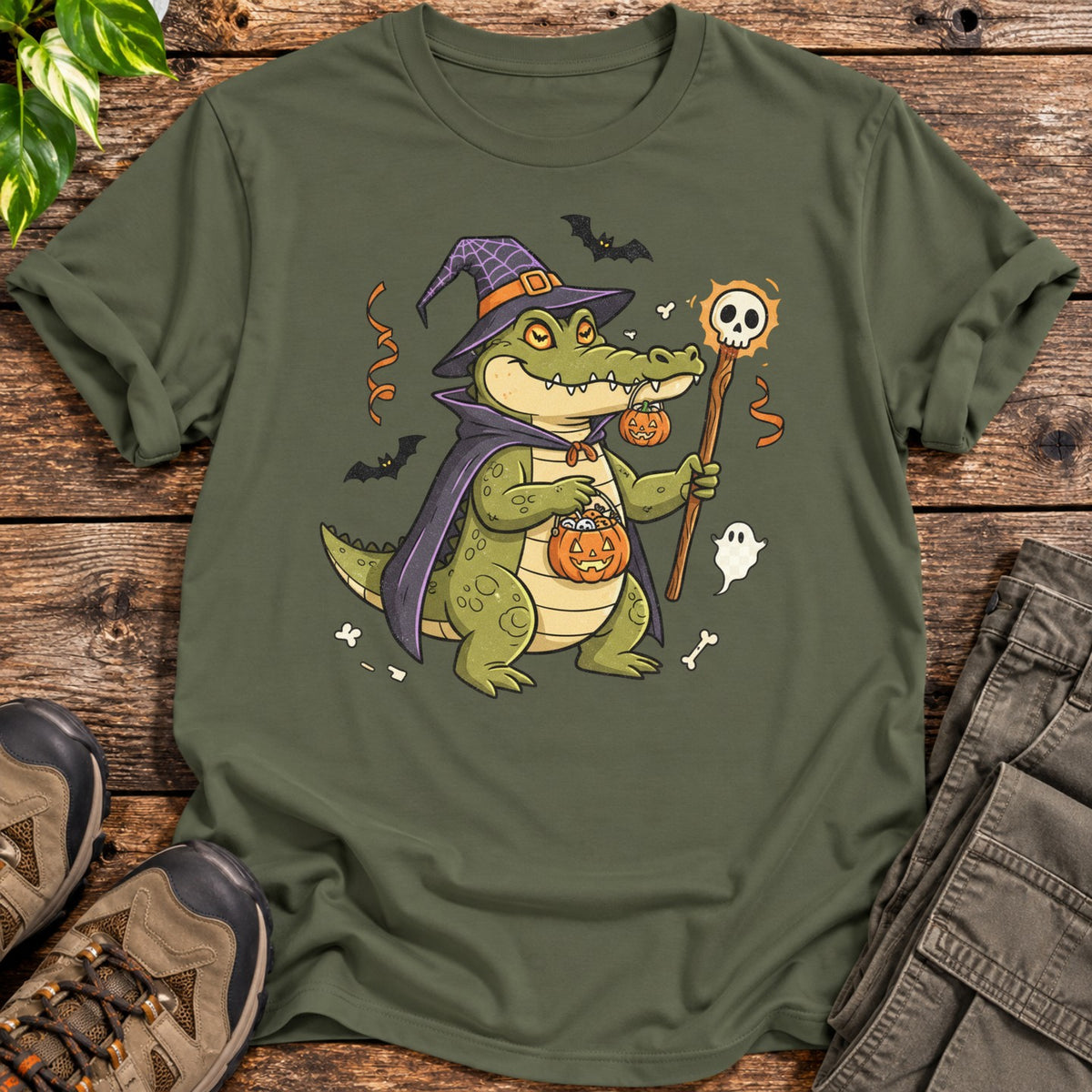Halloween Witch Alligator T-Shirt - Military Green