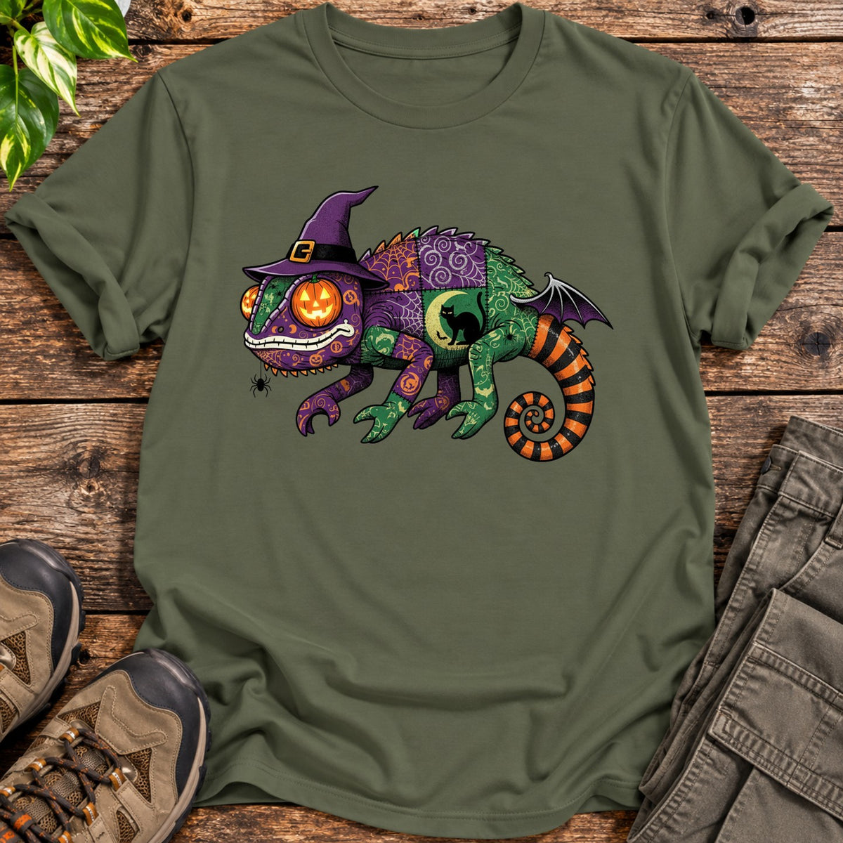 Patchwork Halloween Chameleon T-Shirt - Military Green