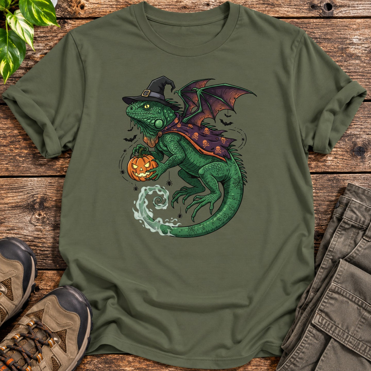 Halloween Witch Iguana T-Shirt - Military Green
