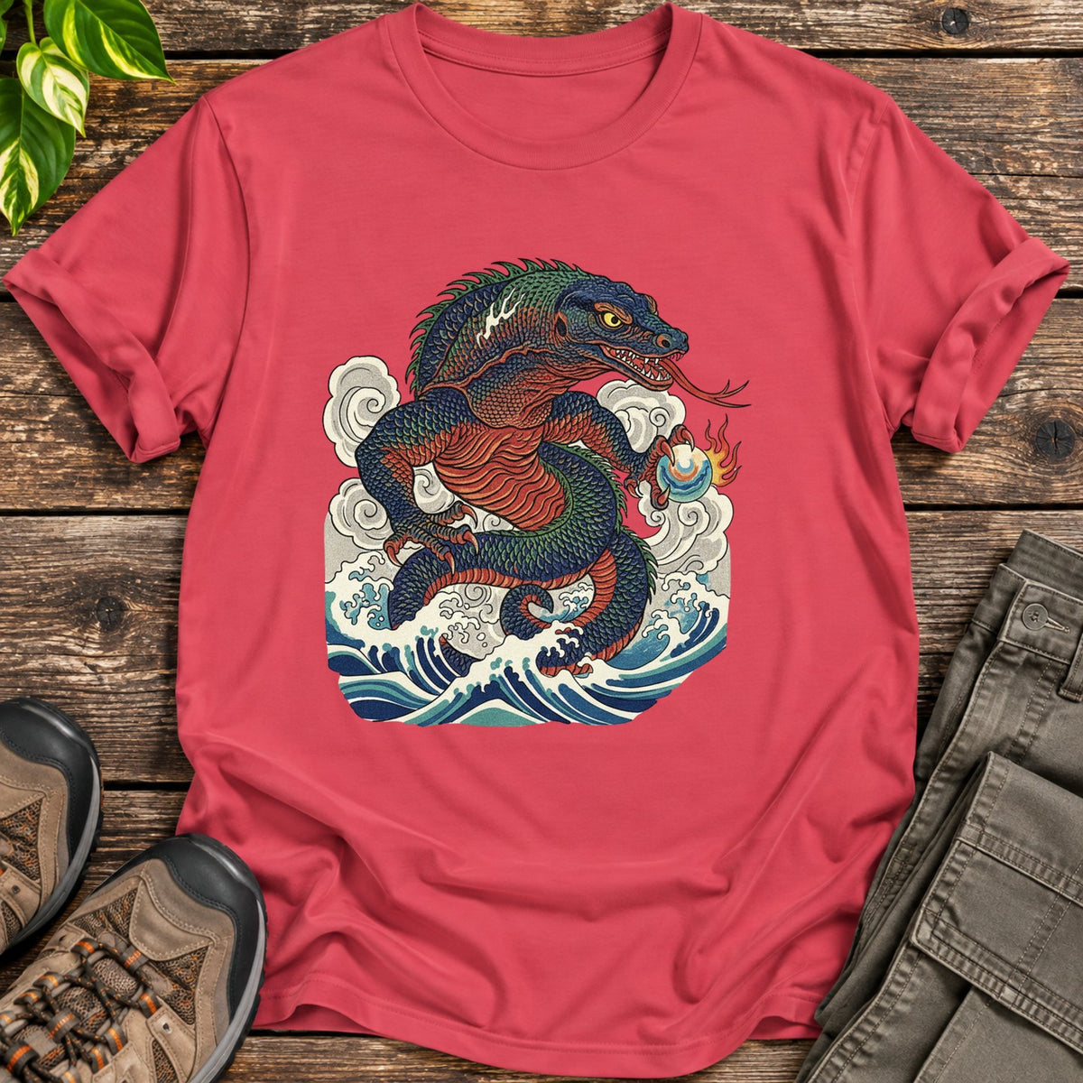 Traditional Art Komodo Dragon Shirt - Heather Red