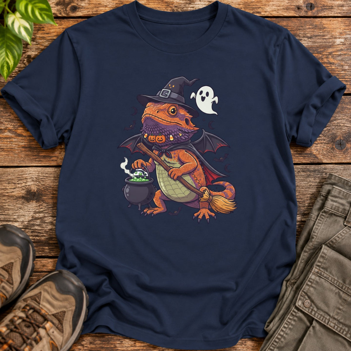 Spooky Witch Bearded Dragon Halloween T-Shirt - Navy