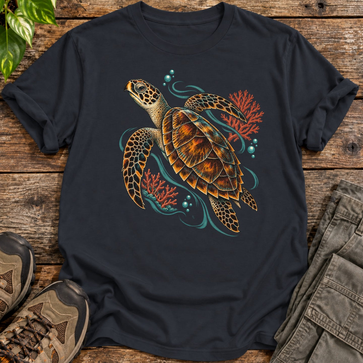 Ocean Coral Reef Sea Turtle T-Shirt - Black