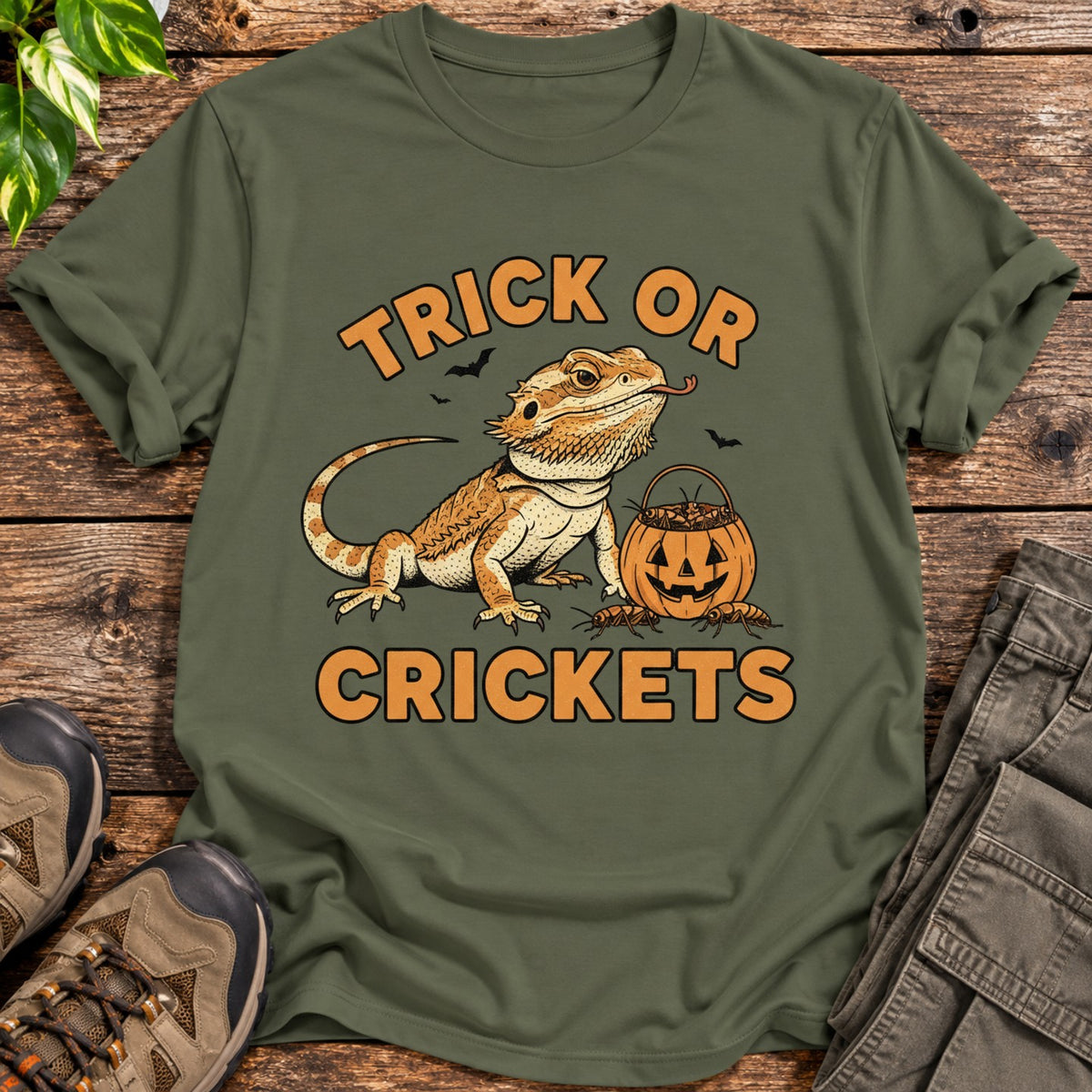 Trick or Crickets Bearded Dragon T-Shirt - Military Green