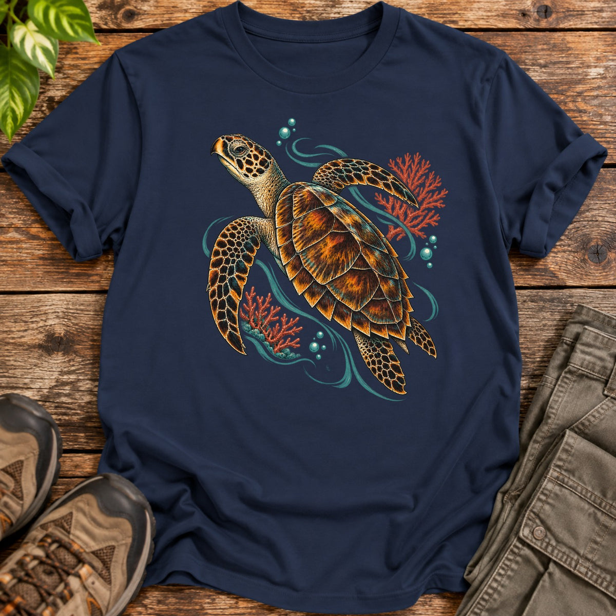 Ocean Coral Reef Sea Turtle T-Shirt - Navy Blue