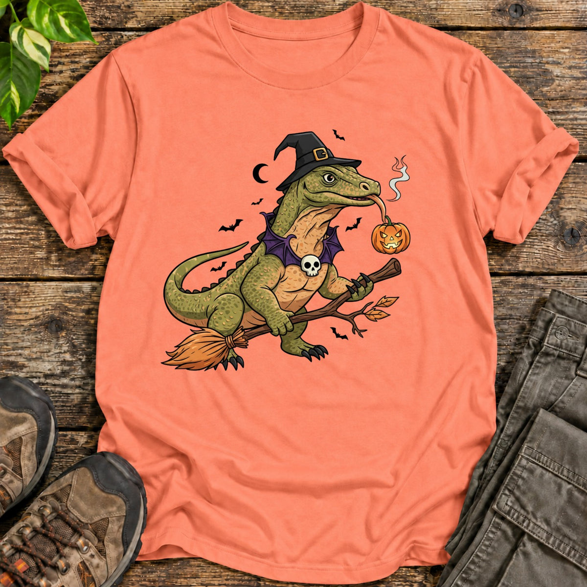 Komodo Dragon Witch Halloween T-Shirt - Heather Orange