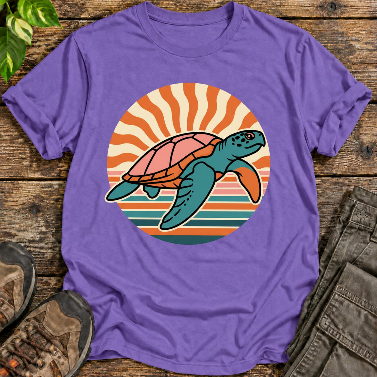 Vintage Retro Sunset Turtle T-Shirt - Heather Purple
