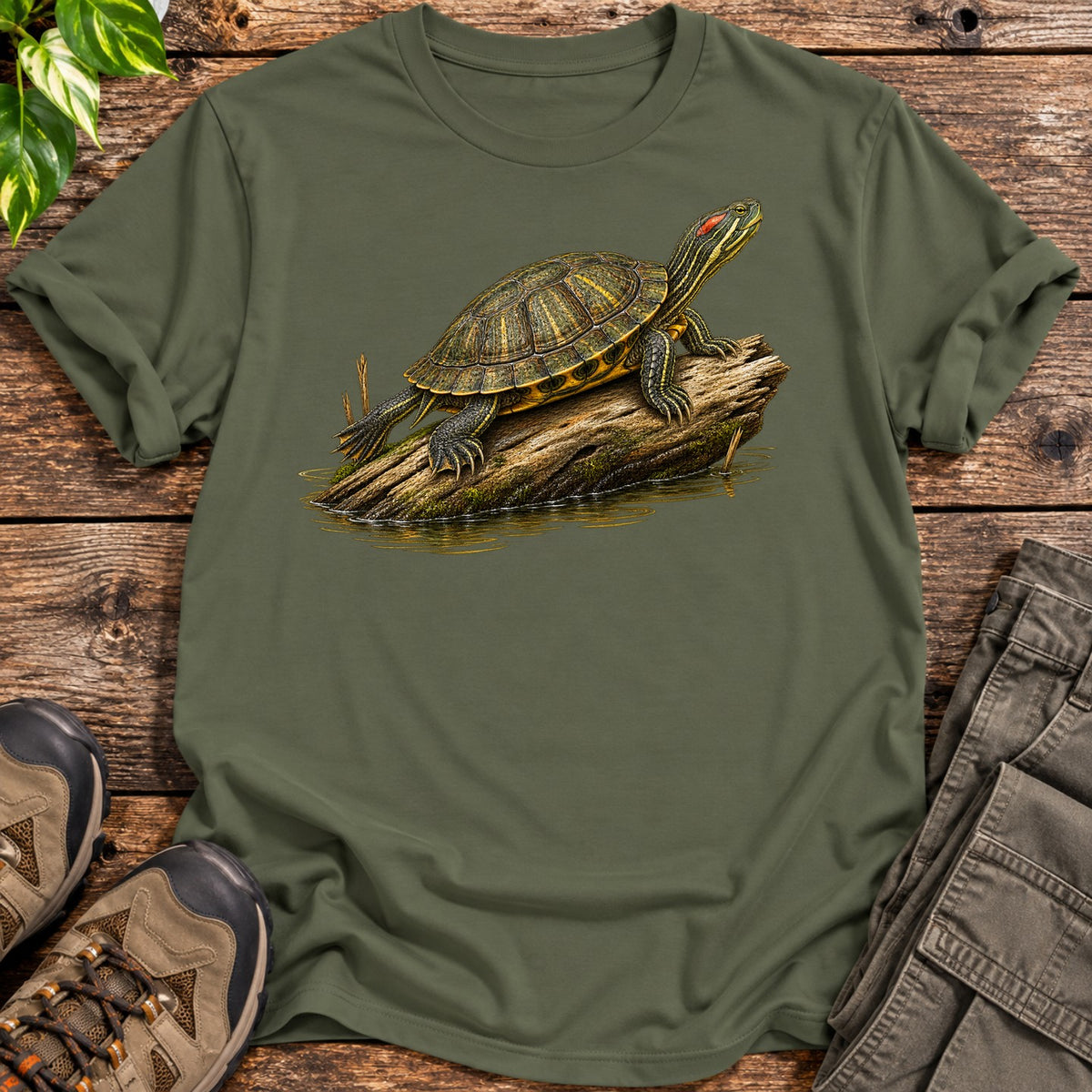 Realism Red Eared Slider Turtle T-Shirt - Military Green
