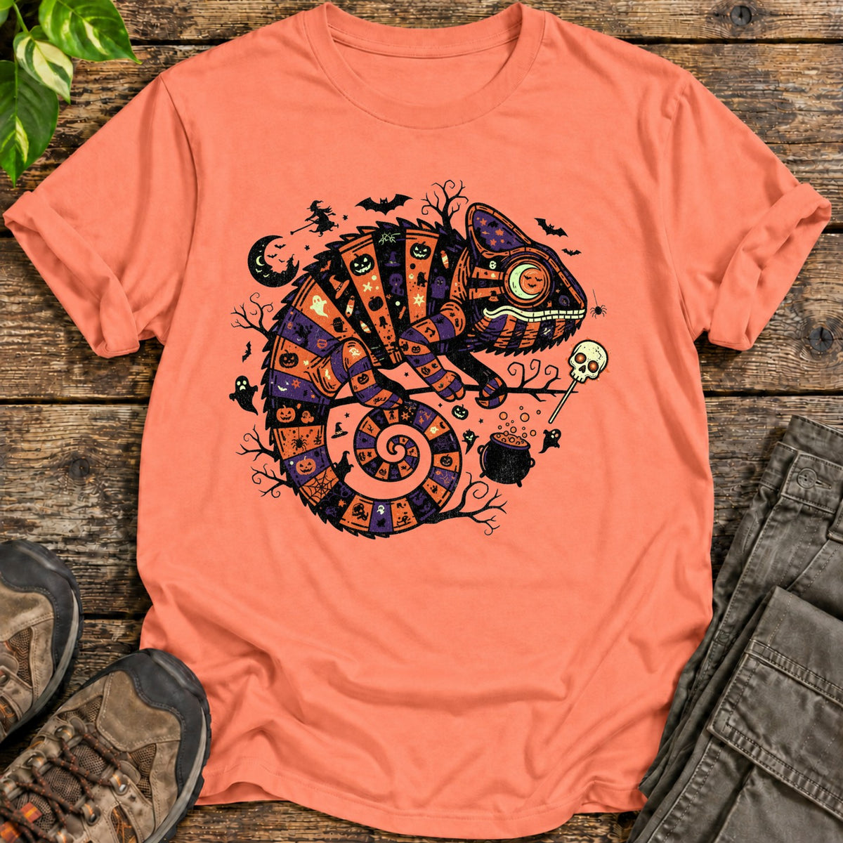 Halloween Chameleon Patchwork T-Shirt - Heather Orange