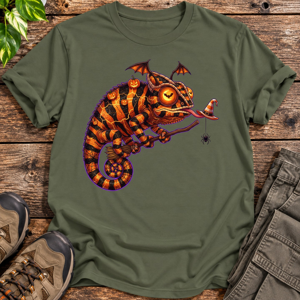 Halloween Chameleon Witch T-Shirt - Military Green