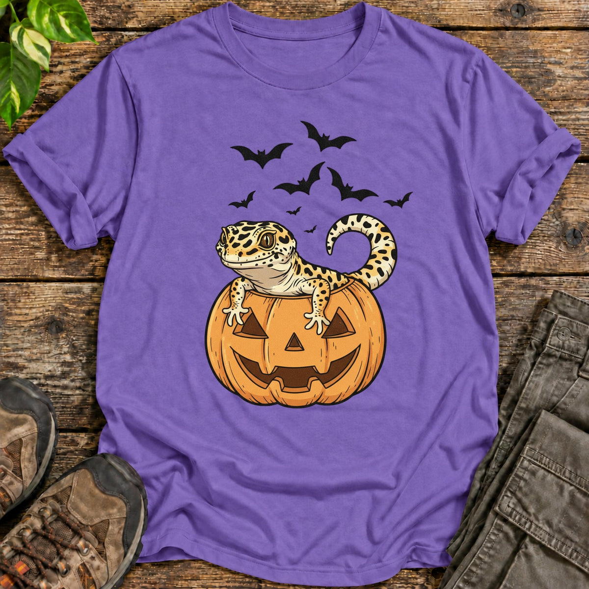 Halloween Leopard Gecko Pumpkin T-Shirt - Heather Purple