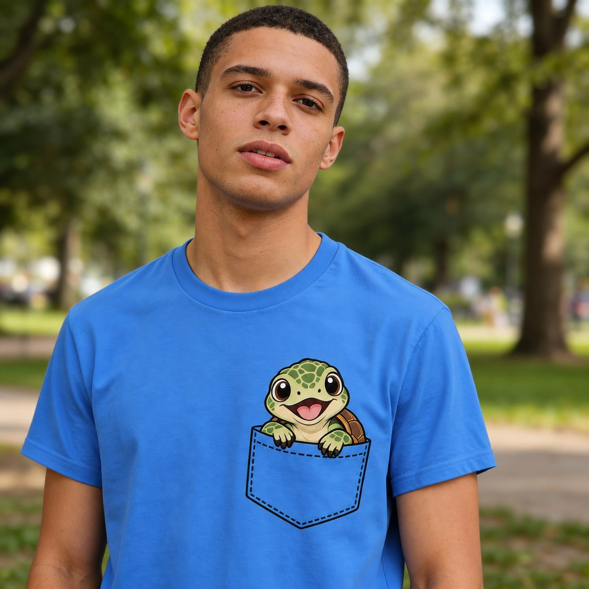 Man wearing the Baby Turtle Pocket T-Shirt in Carolina Blue