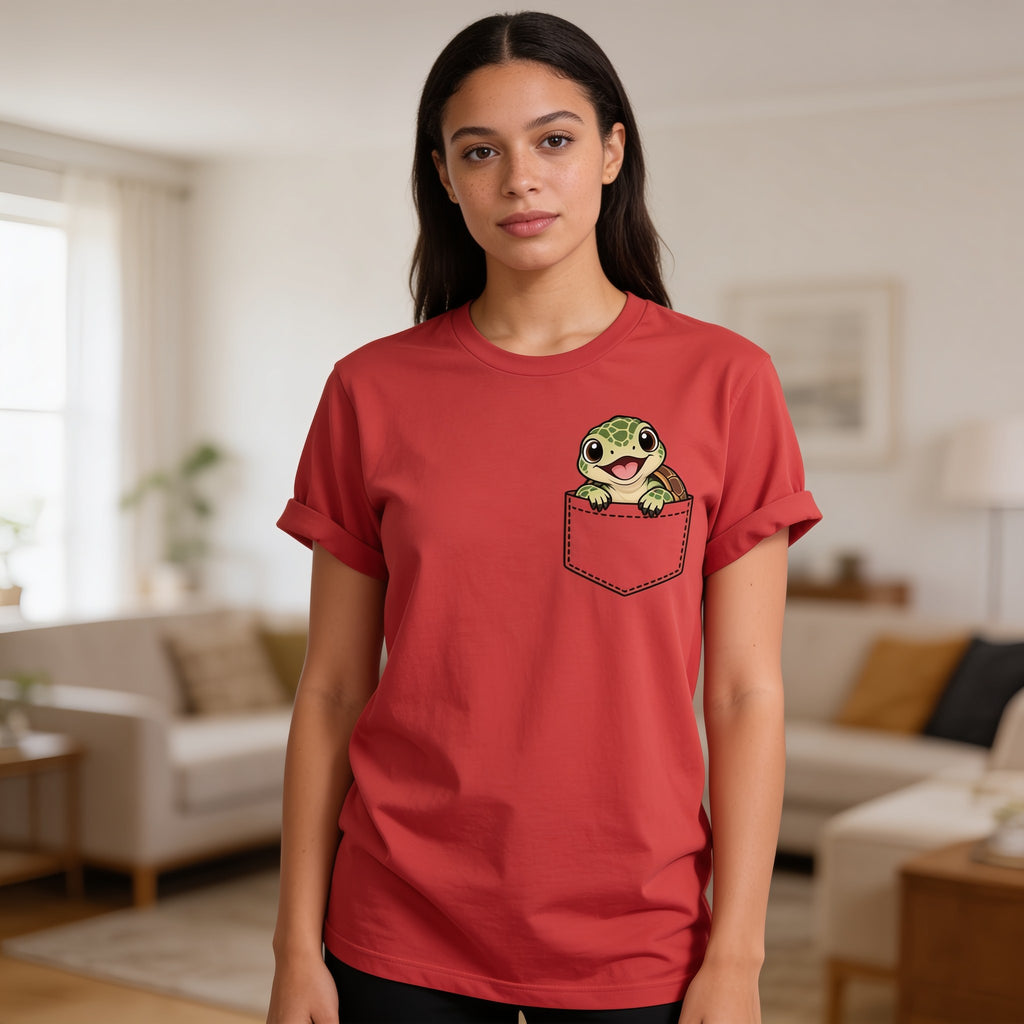 Woman wearing the Baby Turtle Pocket T-Shirt in Heather Red