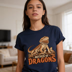 Woman wearing the Mother of Dragons Bearded Dragon Mom T-Shirt in Navy