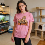 Woman wearing the Mother of Dragons Bearded Dragon Mom T-Shirt in Pink