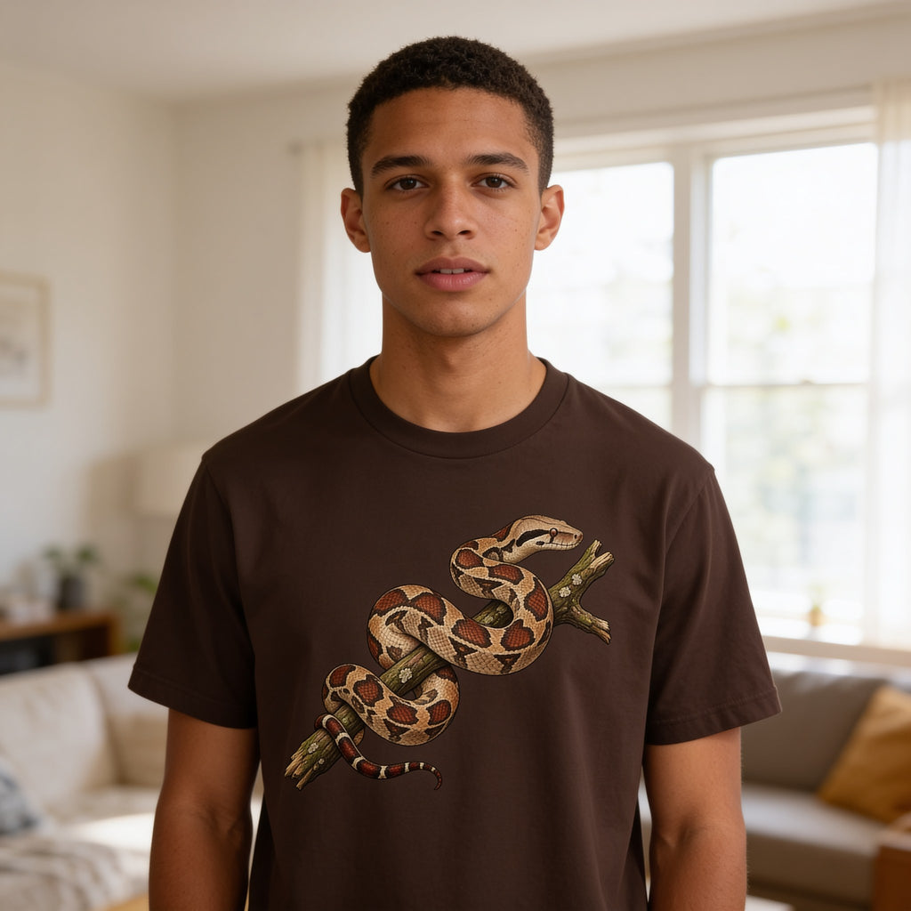 Man wearing the Wild Boa Constrictor T-Shirt in Dark Chocolate