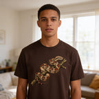 Man wearing the Wild Boa Constrictor T-Shirt in Dark Chocolate