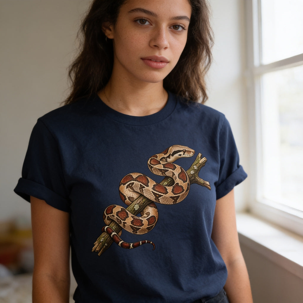 Woman wearing the Wild Boa Constrictor T-Shirt in Navy