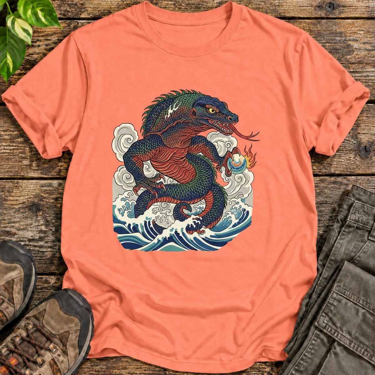 Traditional Art Komodo Dragon Shirt - Heather Orange